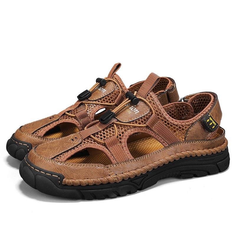 Fashion Handmade Size 46 Mesh Shoes Breathable Sandals Summer Men Sandals Genuine Leather Mens Casual Shoes Outdoor Beach Shoes Roman