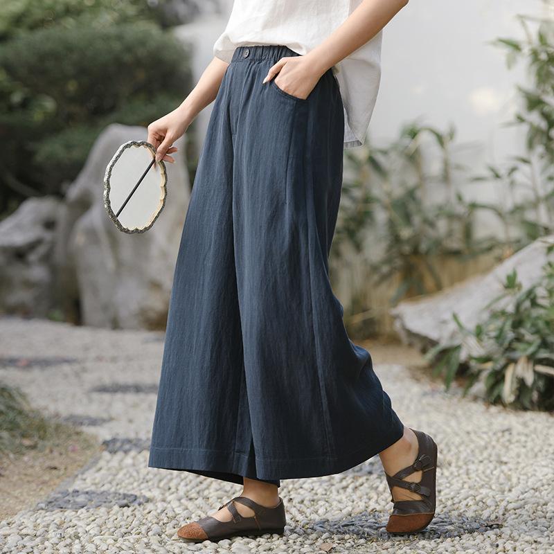 Johnature Women Vintage Wide Leg Pants Summer Chinese Style Elastic Waist Solid Color Trousers Loose Casual Pants