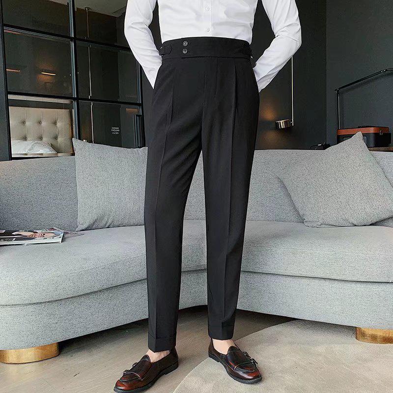 Men's Slim High-Waisted Business Trousers - Solid Color Straight Fit