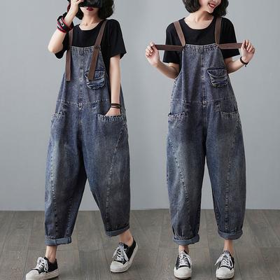 Women's Crew Neck Sleeveless Loose High Waist Denim Overalls Casual Jumpsuit