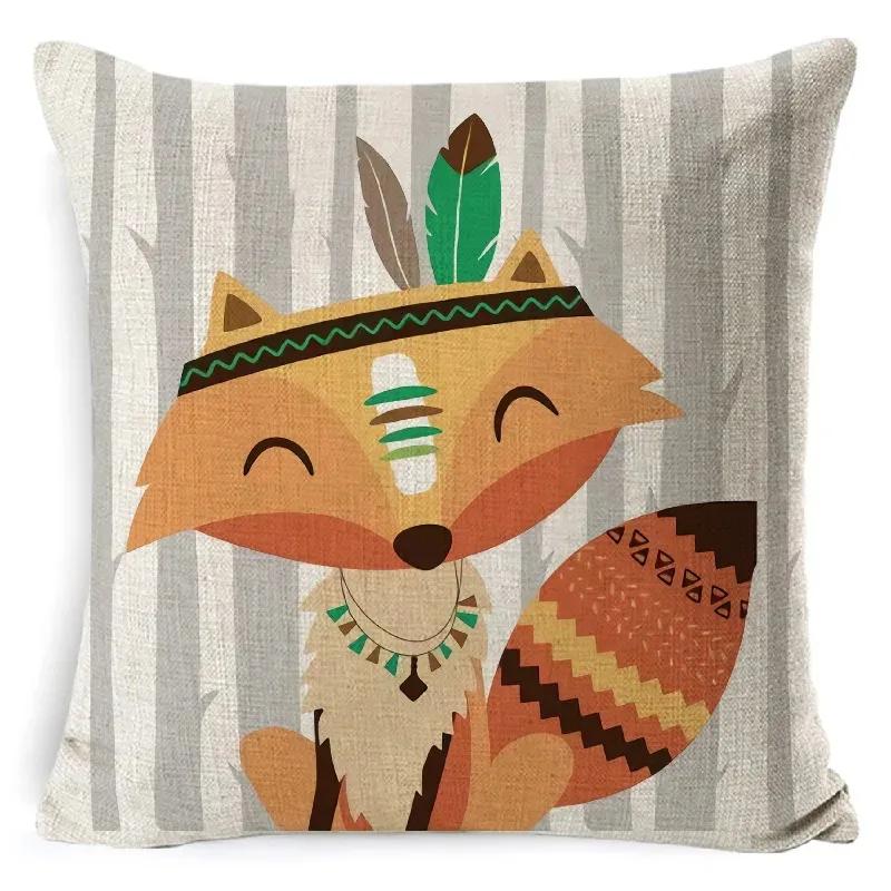 Tribe Woodland Animal Cushion Cover  Bear Fox Print Linen  Pillow Case Decorative For Chair Sofa Home Decor Throw Pillowcase