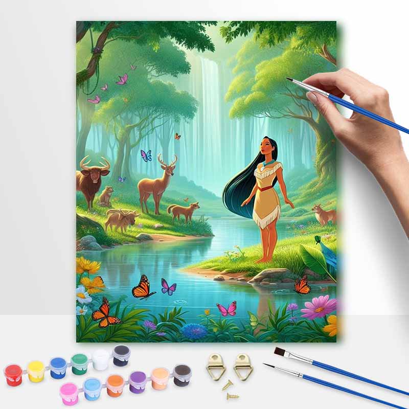 Disney Pocahontas Oil Painting Kit, Hand Painting Canvas DIY Home Decor, Forest Nature Animal Waterfall Scenery 20x30cm