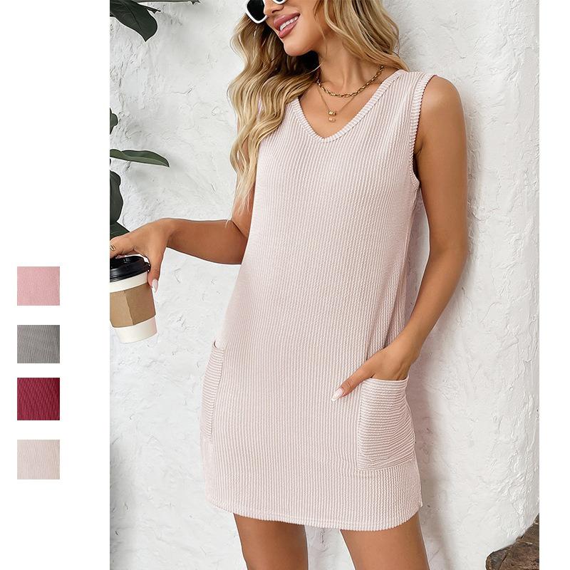 

Summer V Neck Sleeveless Women Vest Dress Elegant Loose Pockets Solid Color Pocket Fashion Simple Short Dresses Casual Office Simple Clothing XXL абрикосовий