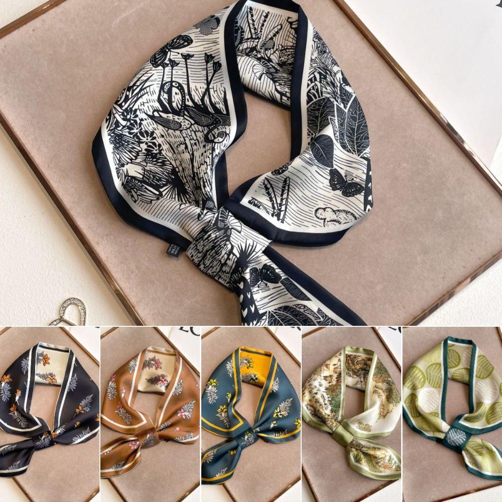 Multi-functional Women Silk Scarf Flower Print Ladies Neck Tie New Satin Silk Ribbons  Summer