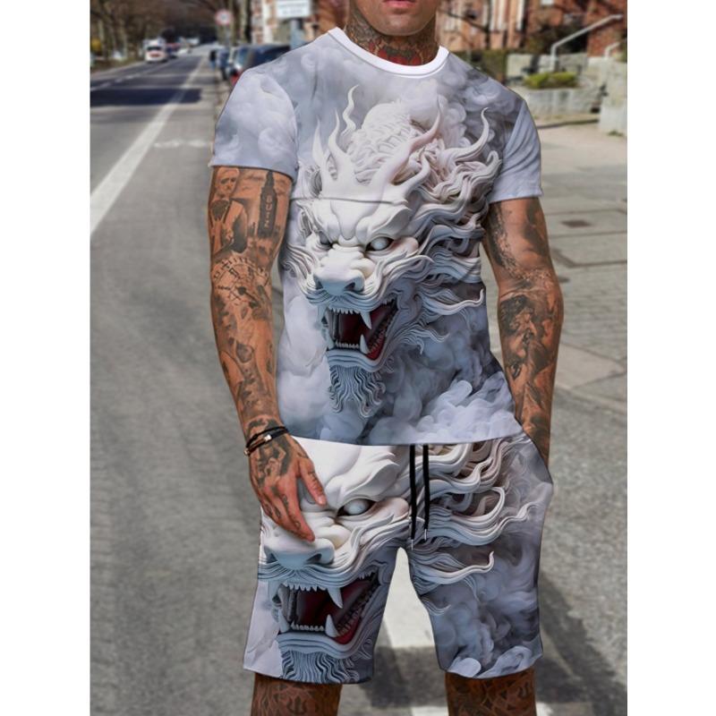 

2 piece trendy dragon print suits for men, men s clothing for vacation and sports M