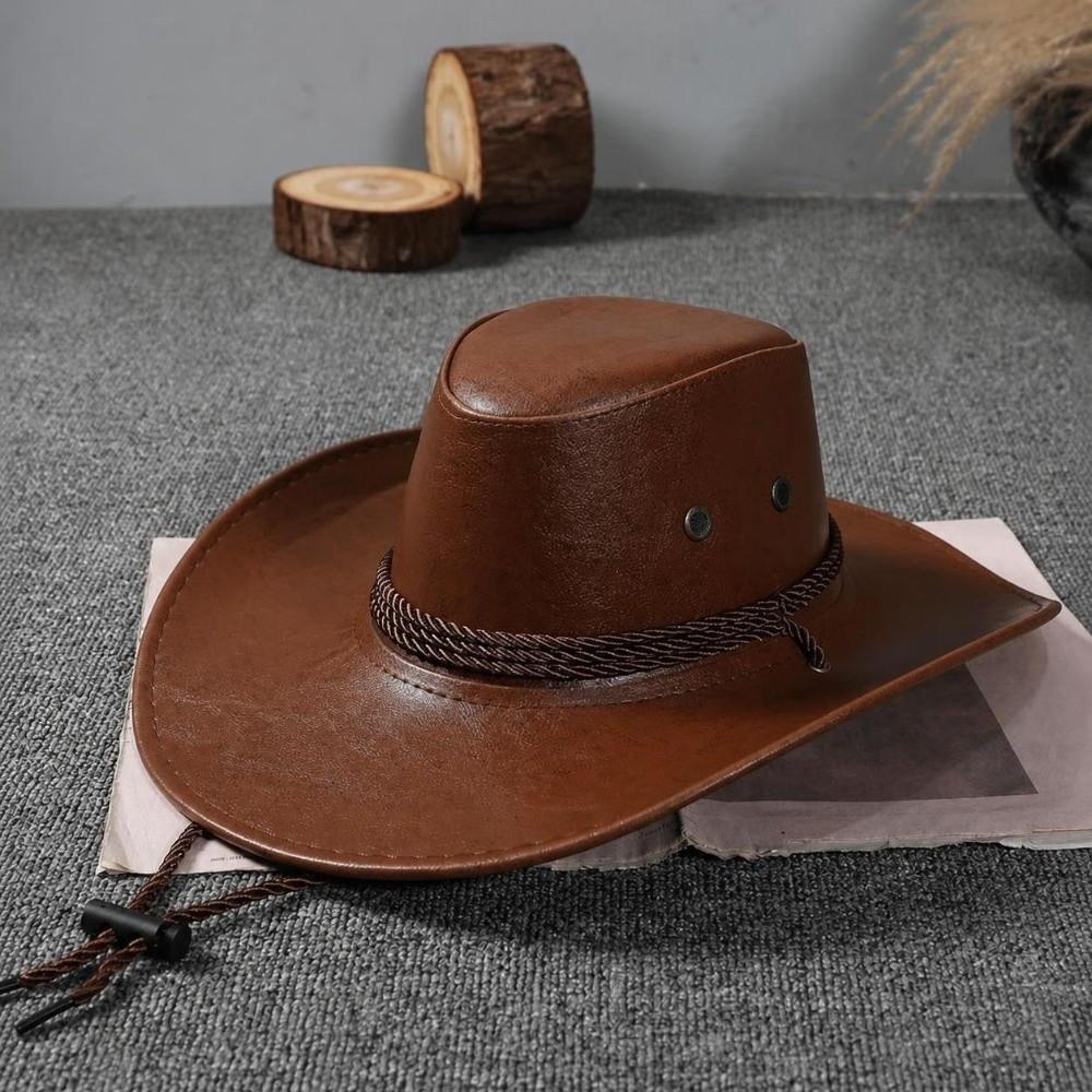 Faux Leather Fedora Sun Hat Wide Curved Brim Wide Brim Cap Vintage Cowgirl Hat  Outdoor Travel