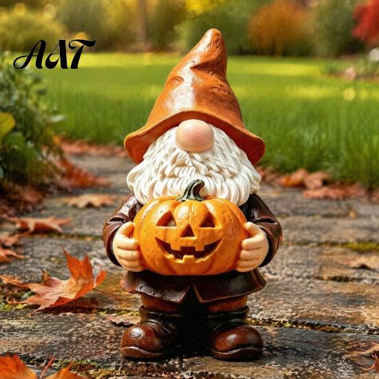 Halloween Gnome Statue Garden Statue, Faceless Holding Pumpkin Sculpture, Decorative for Porch Waterproof Resin Yard Autumn Decor