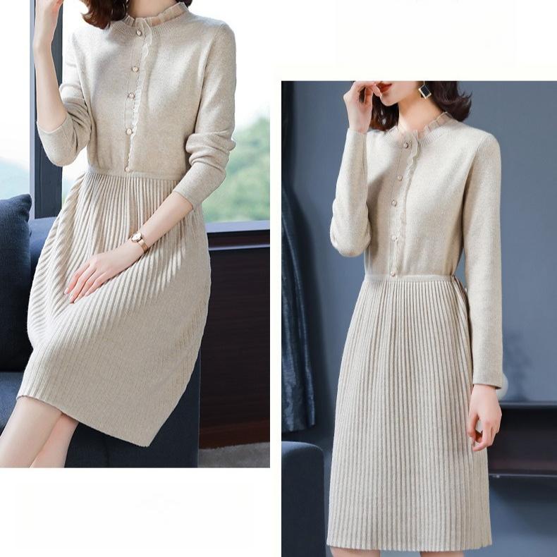 Knitted Dress for Women's Winter Casual Half Turtleneck Sweater Slim Solid Color Mid-length Sweater Dress