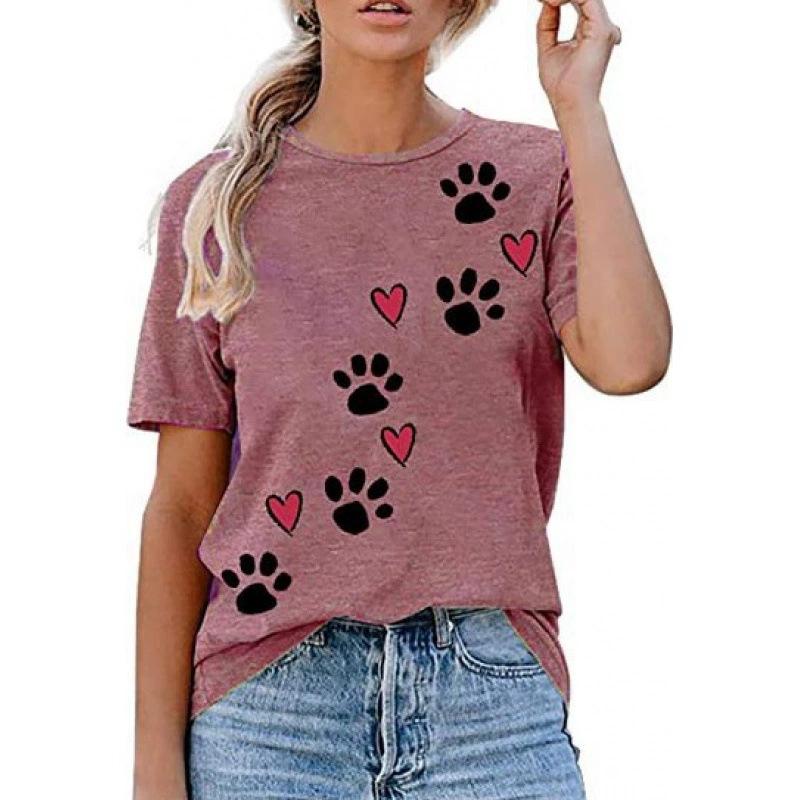 Summer Round Neck 3D Cat Paw Print Print Top Fashionable Casual Short Sleeved Women's T-shirts