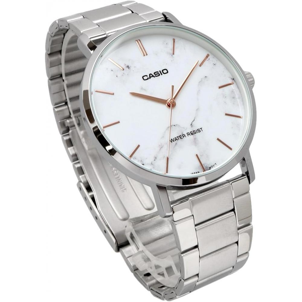 CaSio Men S Quartz Watch White Marble Metal Band Mtp Vt01dm 7a