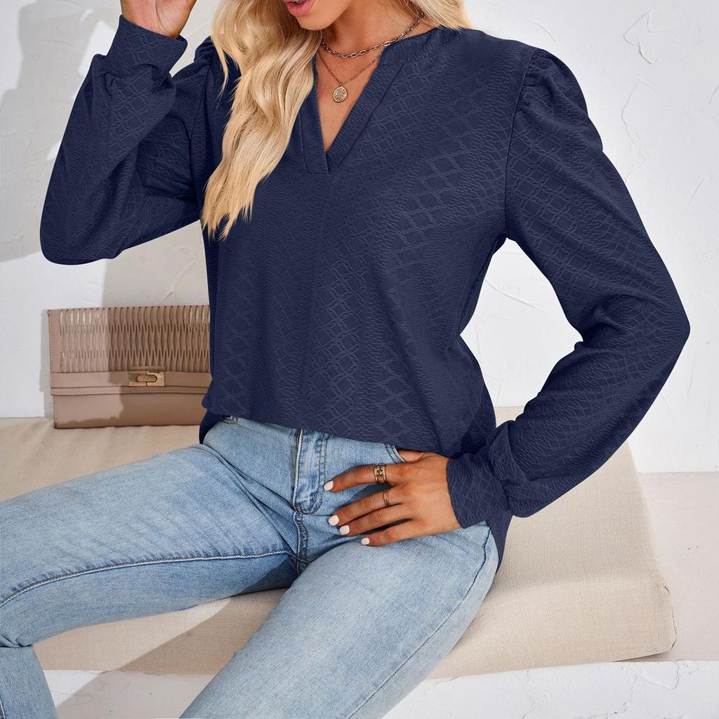 JKASHDK Moda damska Casual Wiosna Jesień Jednolity kolor Drukuj Bluzki i koszule z długim rękawem i dekoltem w kształcie litery V