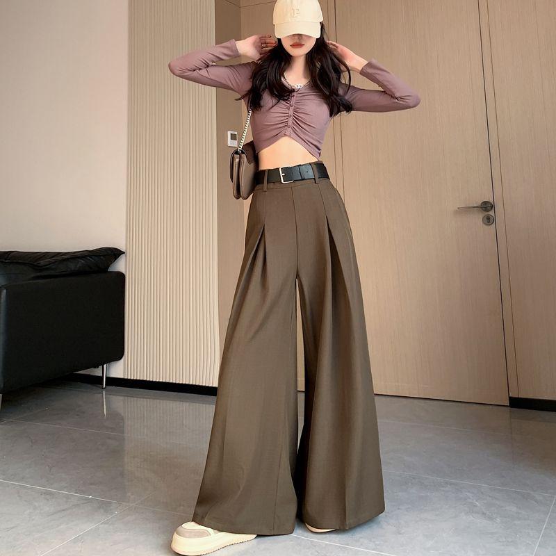 

Gray Spring & Fall High Waist Extra Long Mop Casual Suit Pants Brown with belt 2XL