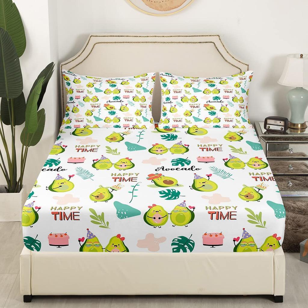 Chapéu de Cama com Padrão de Frutas Abacate Desenho Animado Conjunto de Roupa de Cama de Quatro Peças Decoração de Roupa de Cama para Quarto de Dormitório
