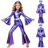 Girls Metallic Disco Jumpsuit Split Flare Legs Long Bell Sleeves Mock Neck Back Invisible Zipper Bodysuit with Matching Headband for Theme Party