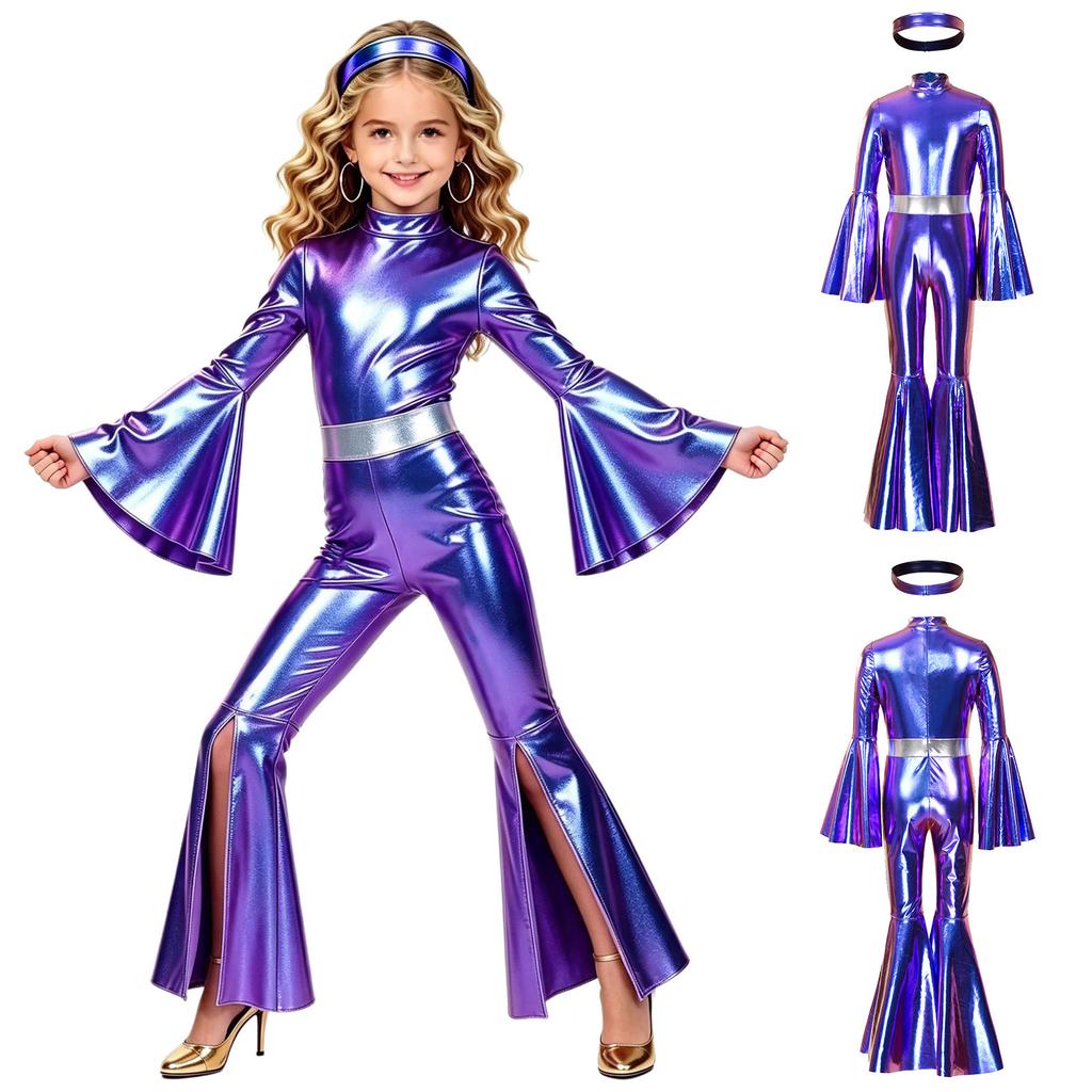 Girls Metallic Disco Jumpsuit Split Flare Legs Long Bell Sleeves Mock Neck Back Invisible Zipper Bodysuit with Matching Headband for Theme Party