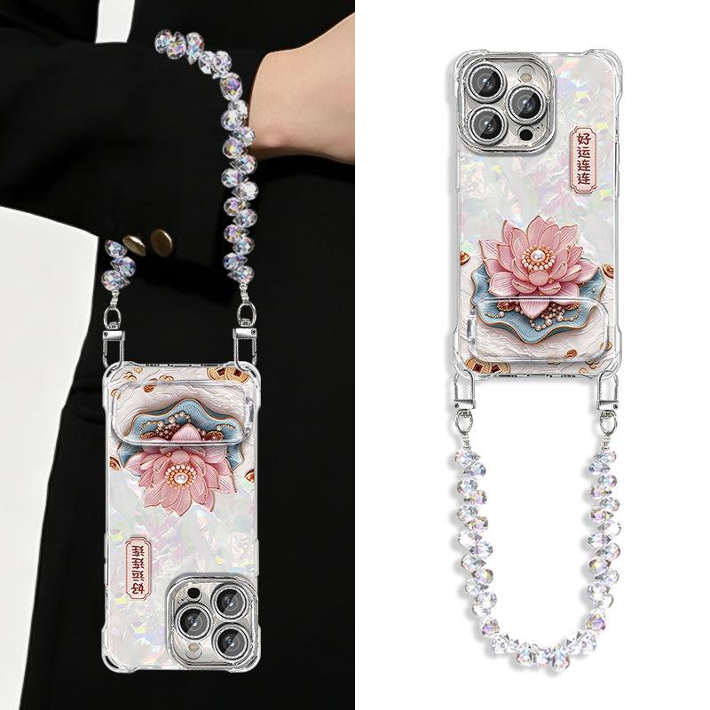 Good Luck Lotus Is Suitable for Apple 17Pro Mobile Phone Case 16pro New 15 Creative 14 Anti-drop 13 Shell Pattern Lanyard