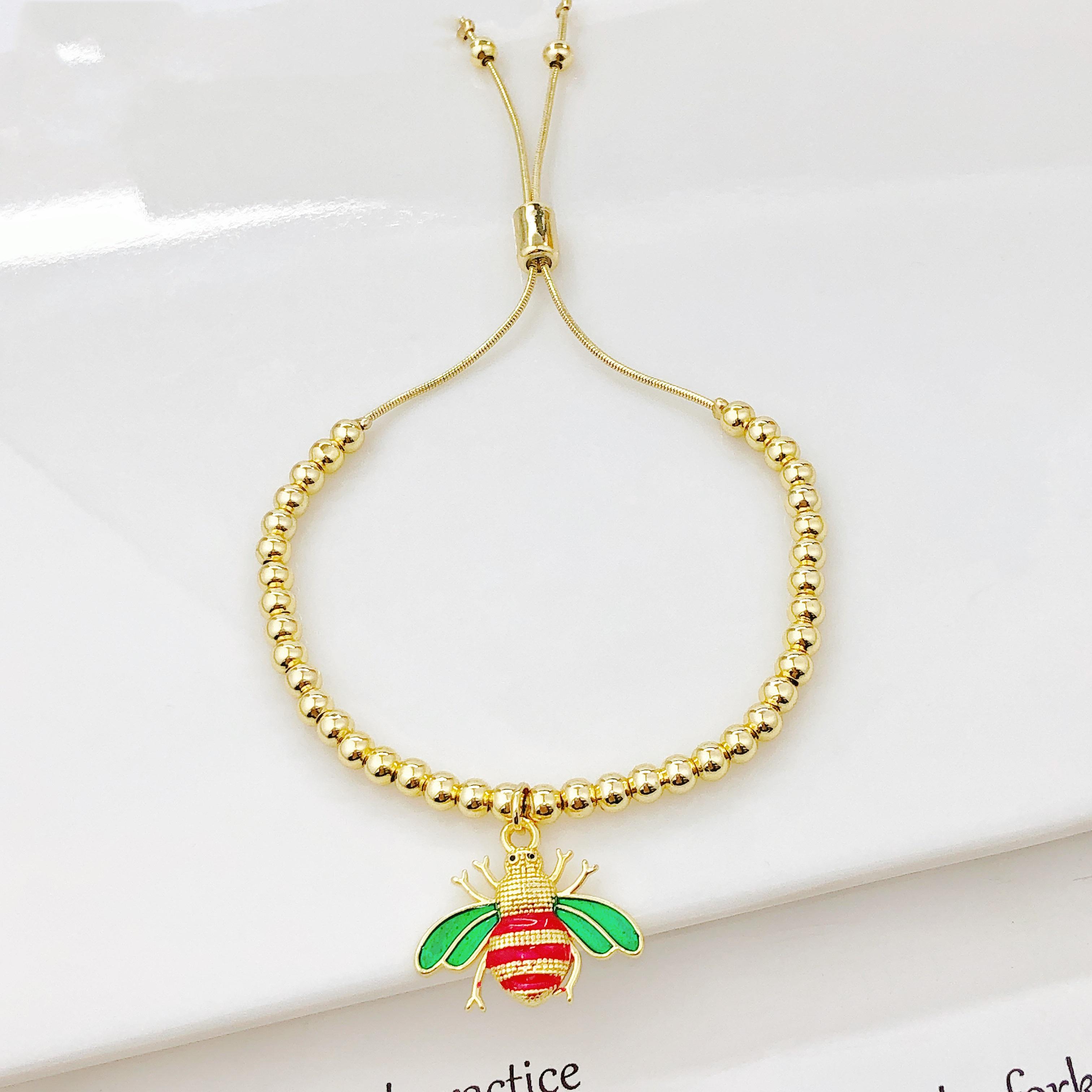 Gold-Plated Copper Bead Chain with Enamel Bees Jellyfish Koi Fish Bracelet for Women Girls Holiday Party Fashion Zircon Gift