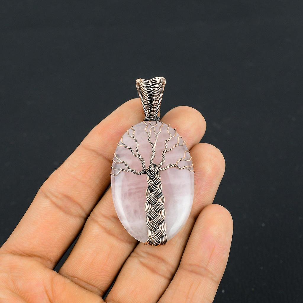 Tree Of Life Rose Quartz Jewelry, 999 Copper Wire Wrapped Pendant Handmade Gemstone Jewelry, Gifts For Wife Brand New Pendant