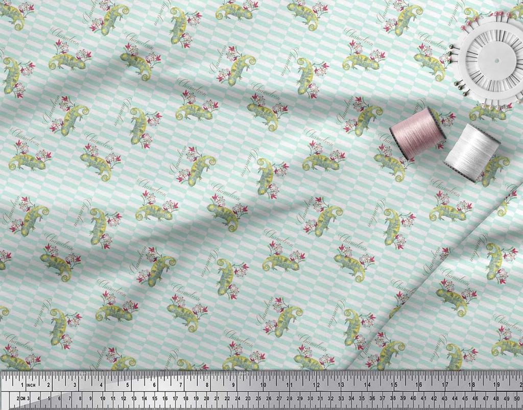Soimoi Blauer Japan Krepp Satin Stoff Blumen- & Chamäleon Reptilien Druck Nähstoff Meter 42 Zoll