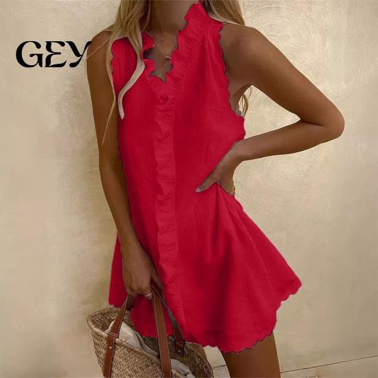 Ruffle Mini Skirt Dress Summer for Women, Sleeveless V Neck Cotton Sundress Beach Vacation Linen Short Dress, Boho Casual A-Line Women