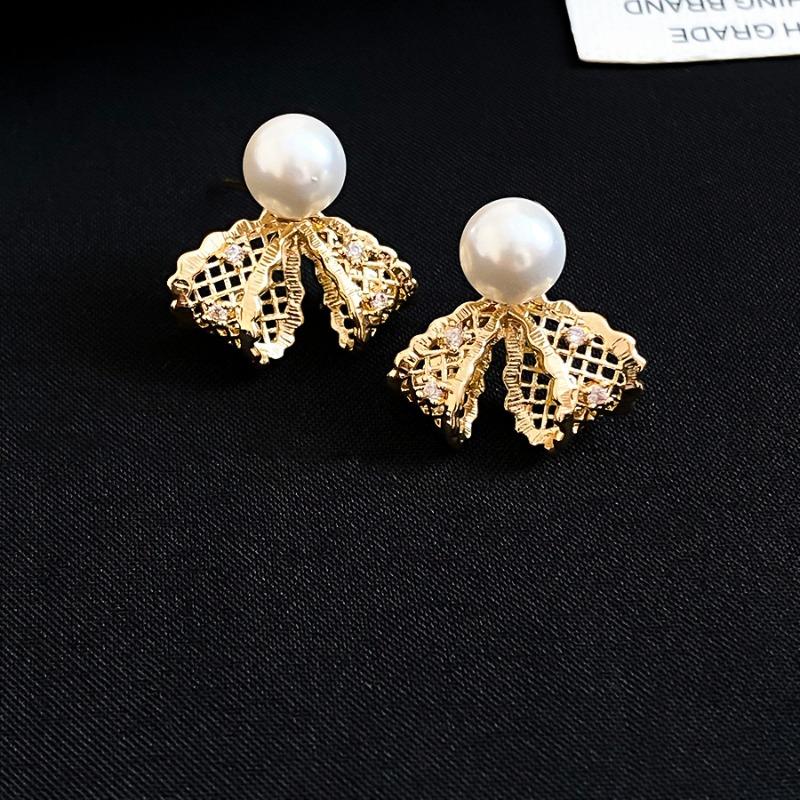 K real gold electroplated lace bow zircon pearl stud earrings women French design earrings temperament earrings women
