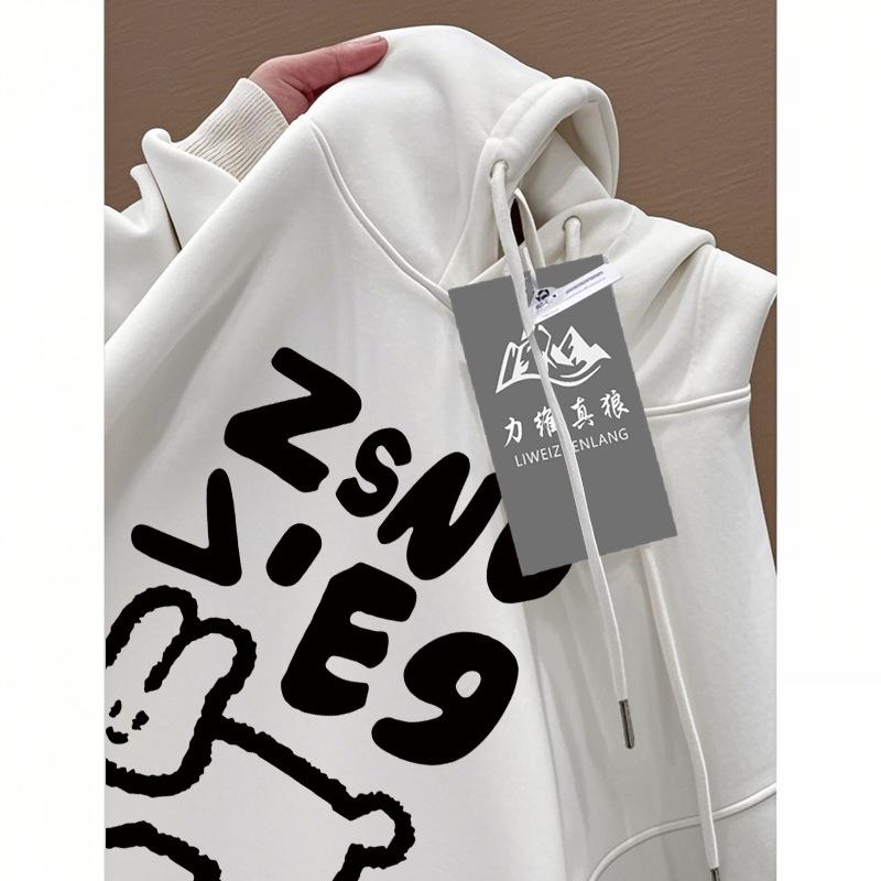 

Fleece Sweater Men Spring and Autumn Vintage Niche Ins Loose Hooded Sports Pullover Thickened Coat M
