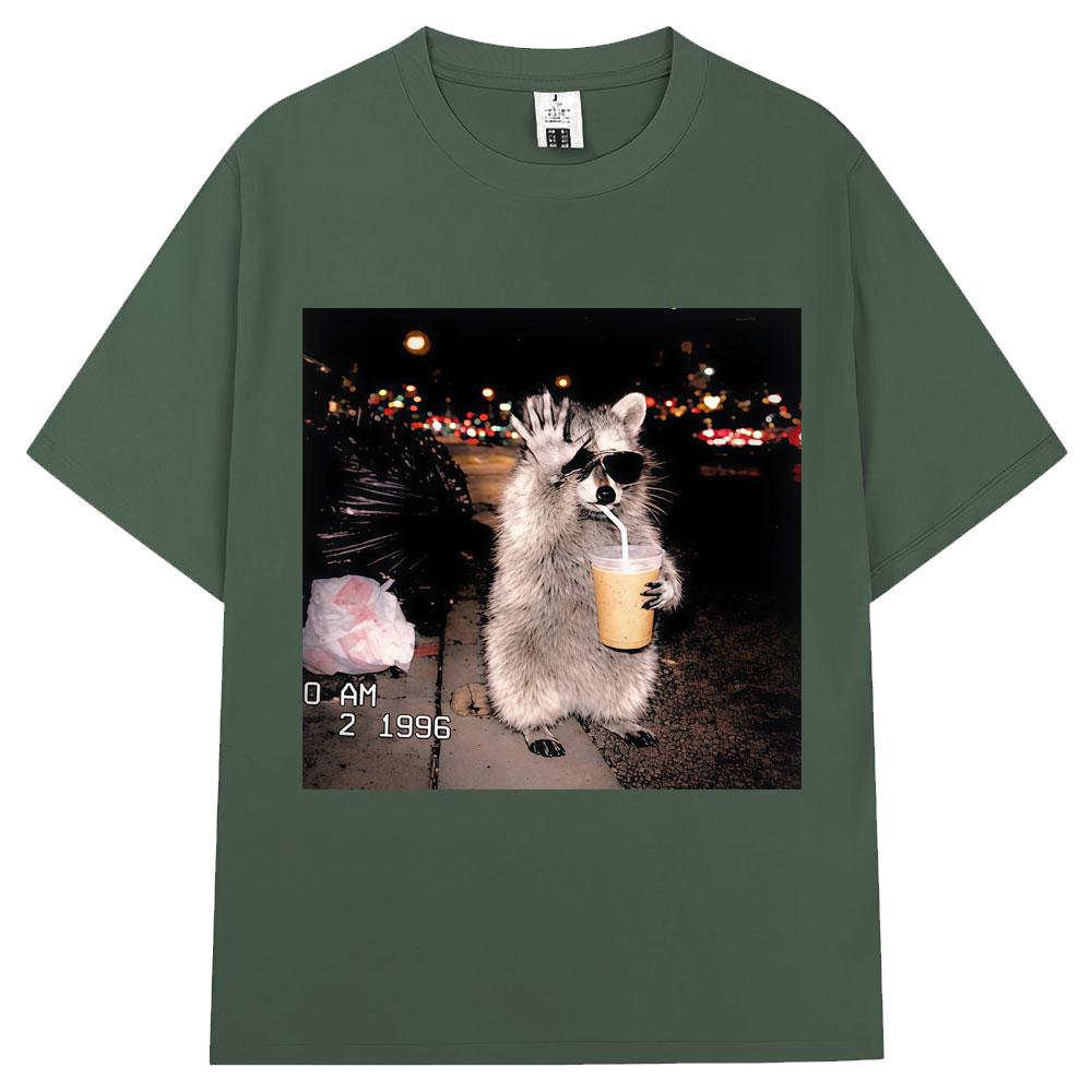 Raccoon Drinking Iced Coffee Funny Meme Print T Shirt   Humor Animal T-shirts Oversized Cotton Casual T-shirt Streetwear