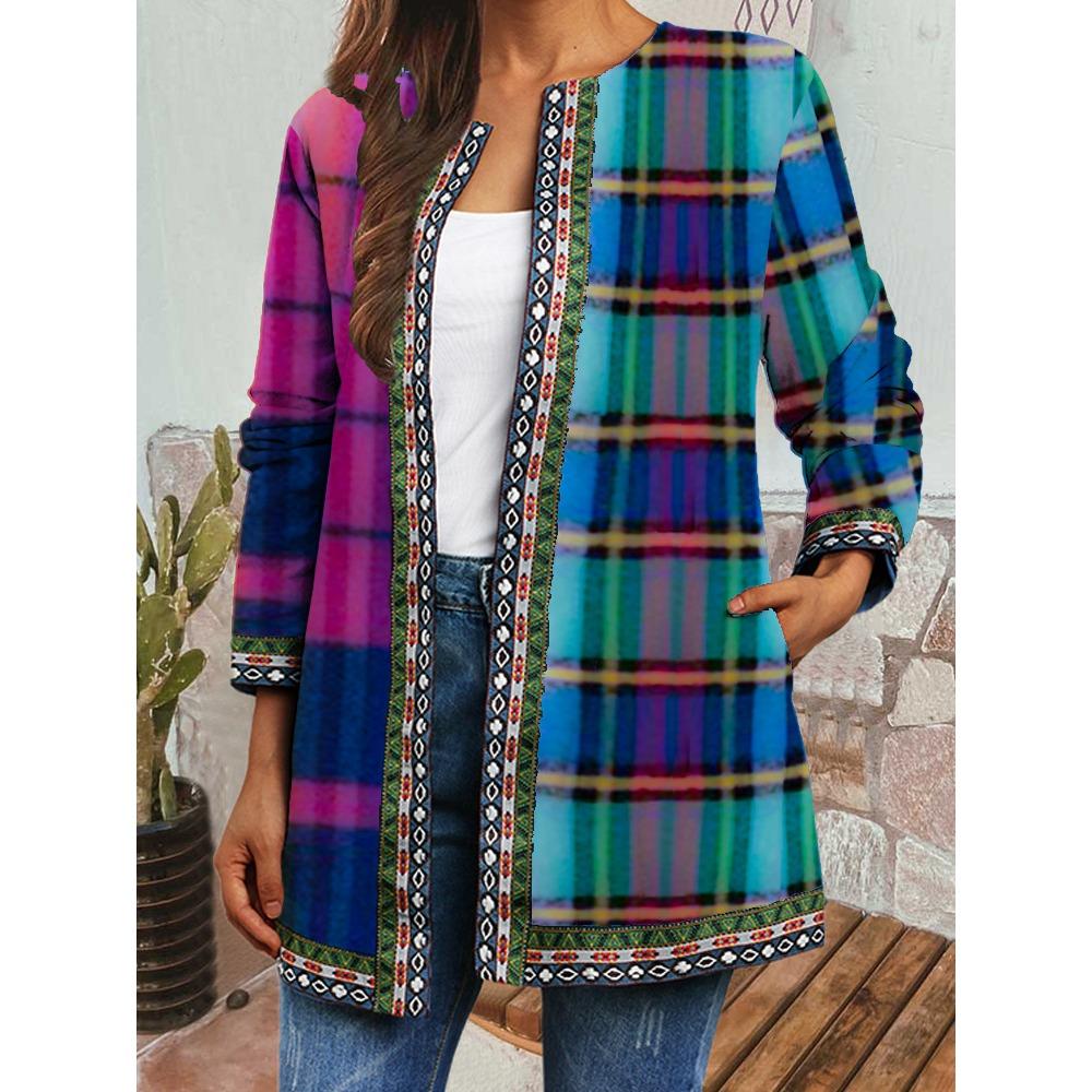 GMXIA Herbst Winter Vintage Ethnischer Stil Druck Übergröße Jacke Strickjacke Damenbekleidung