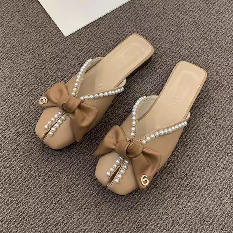 Baotou Half Slippers Women's Summer Outer Wear New Year's New Korean Version Bow Pearl Flat Bottom Soft Bottom Fish Mouth Sandals