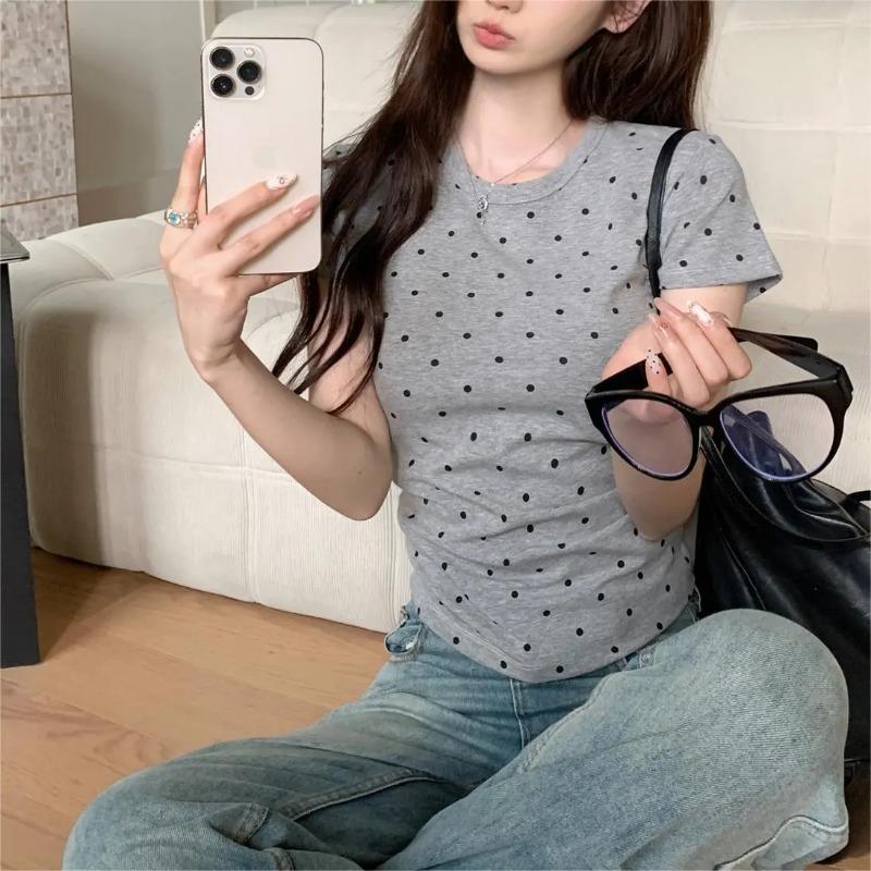 Retro Cotton Right Shoulder Short Sleeve T-shirt Polka Dot Summer New Style Slimming Fashion Hot Girl Versatile Top