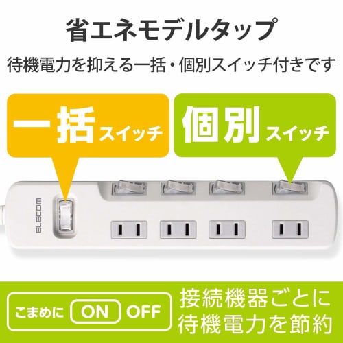 ELECOM Power Tap Bulk & Individual Switch Energy Saving Swing Plug 4 Ports 2m White T-E7A-2420WH