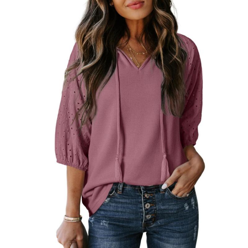 Spring and Summer Jacquard Drawstring Hollow V-neck Solid-color Sleeved T-shirt Top