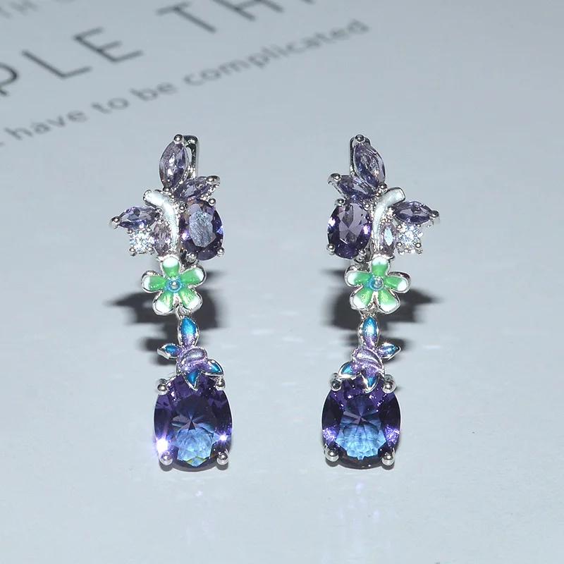 Милый цветок Серебряный Серьга-бабочка Фиолетовый Цирконий Серьги-подвески для Женщин Девушек Ювелирный Подарок Orecchini Aros