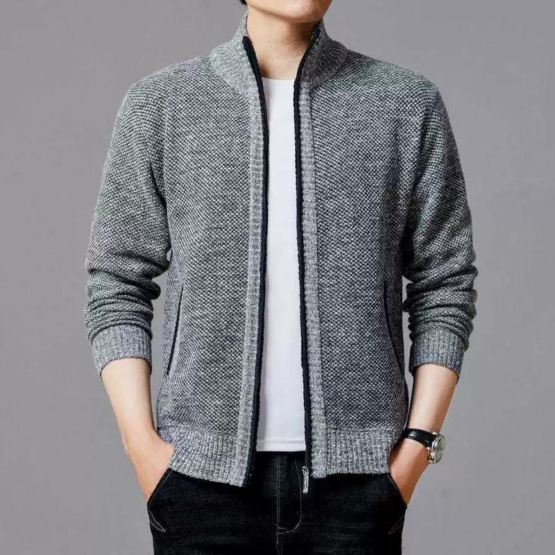 Autumn Winter Men's Stand-up Collar Knit Sweater Autumn Winter Cardigan Tops Korean Slim Solid Color Sweatercoat Jacket
