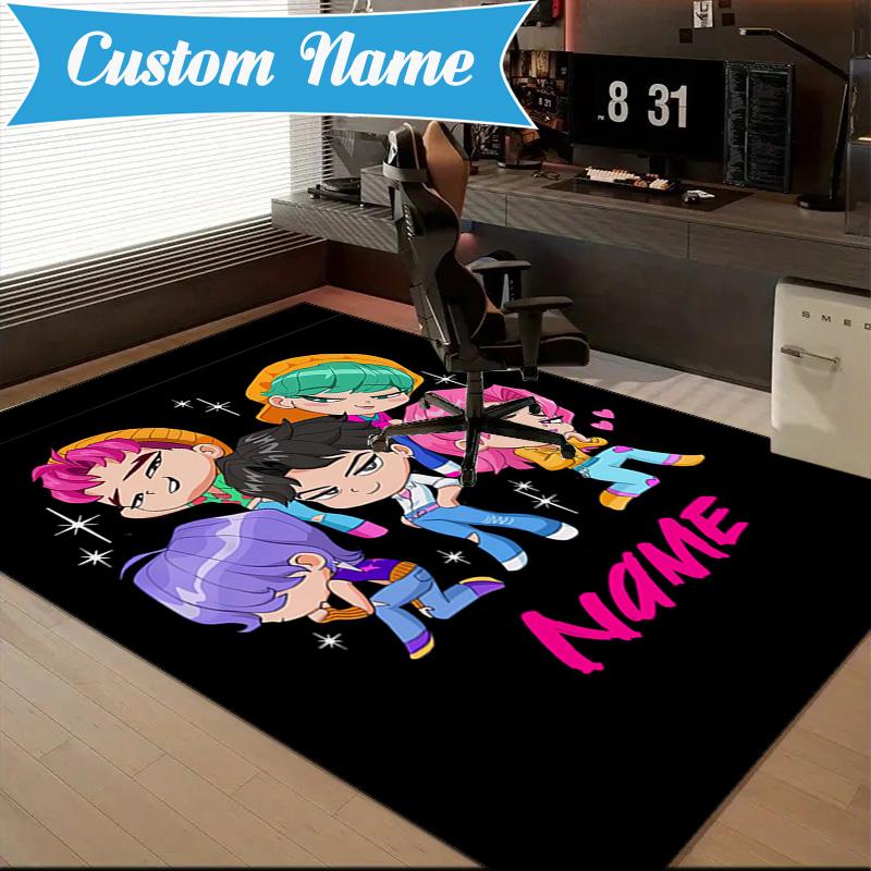 Custom Name KPop Cartoon Rug for Living Room, Game Rooms, Office, Bedroom, Floor Mat Playful Design, fan gifts Christmas decor