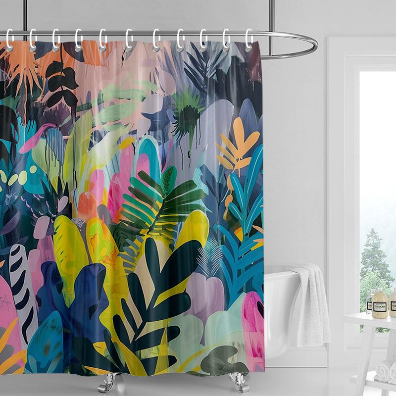 Bohemian Shower Curtain - Dancing Silhouette Art with Tropical Leaves Birds,Watercolor Bathroom Decor for Artistic Bath Spaces