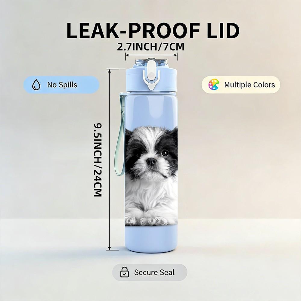 1PC Fluffy Puppy Dog Portrait Print 750ml Color Plastic Sports Water Bottle Leakproof Flip Straw Lid Suitable for Sports Office Home Use