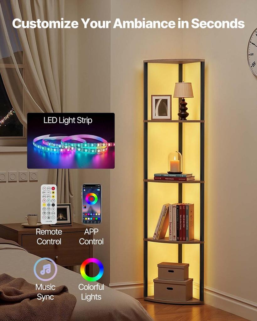 Scaffale Angolare a 5 Piani, Supporto Angolare Alto con Luce LED, Organizzatore Torre Scaffali a Muro con Telaio in Metallo e Ripiani in Legno, Stretto Espositore per Libri