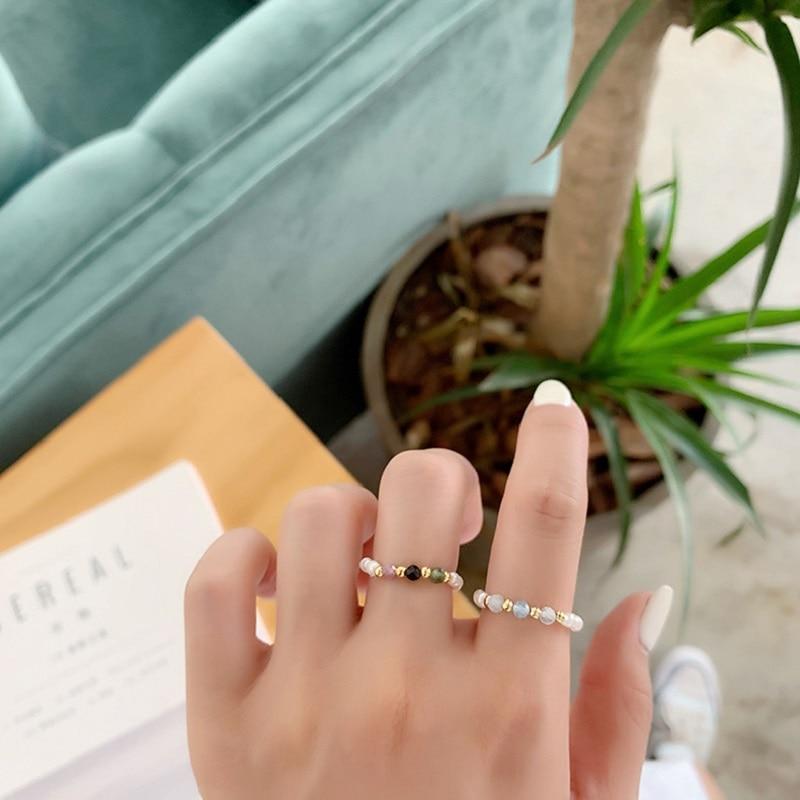 Kpop Adorable Multi Beaded Imitation Pearl Colorful For Women Crystalline Adjustable Rope Chain Rings Continuous Circle Minimalist RingCute Chain