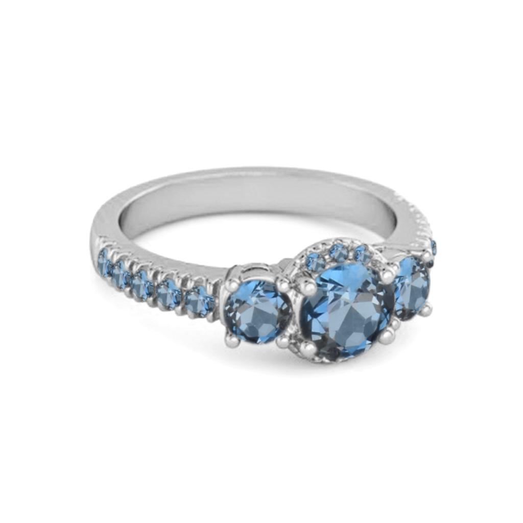 London Blue Topaz Three- 925Stone Halo Pave Band Ring - 925 Sterling Silver