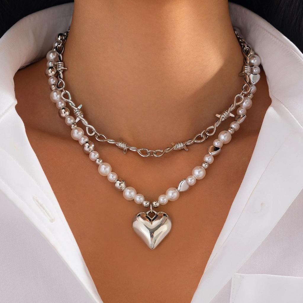 Love Alloy Pendant Necklace with Pearl Beads - Multi-layer, Versatile European & American Style.