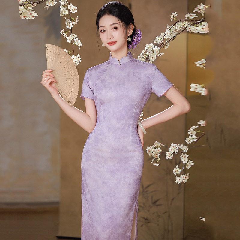 Purple Modern Chinese-Inspired Long Cheongsam Dress Women 2026 Retro Elegant Formal Gown With Stand Collar Side