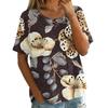 Damen Vintage Print Kurzarm Top - Rundhalsausschnitt, Baumwoll-Leinen-Stoff