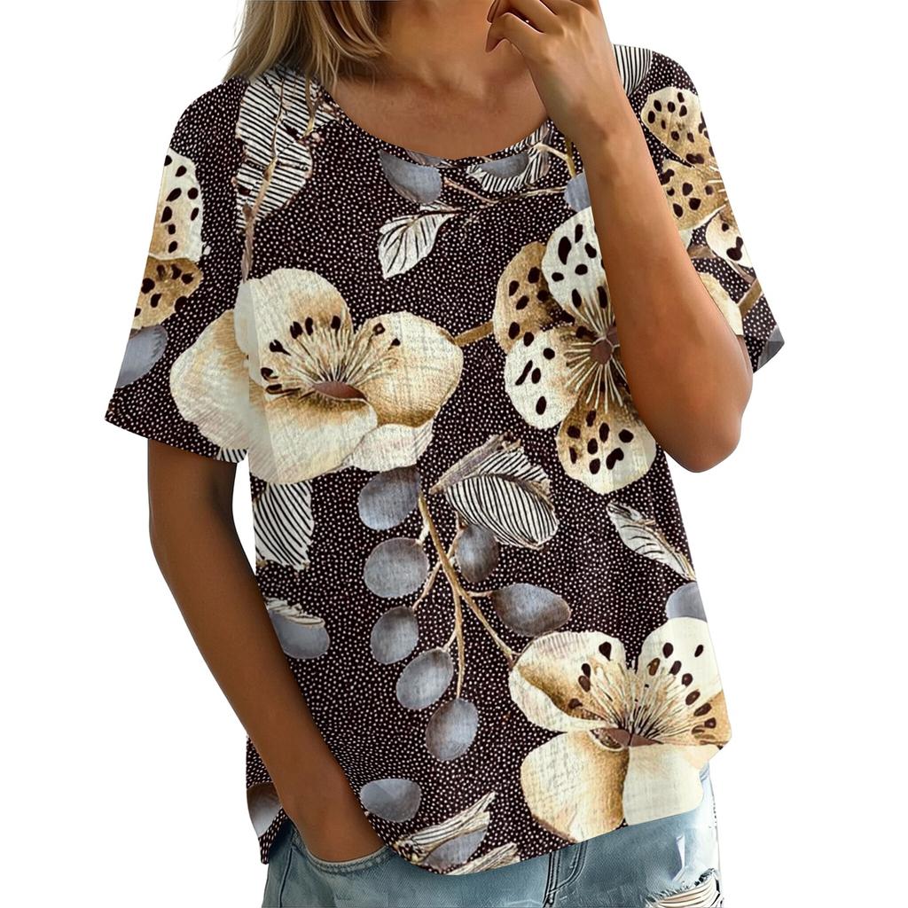Damen Vintage Print Kurzarm Top - Rundhalsausschnitt, Baumwoll-Leinen-Stoff