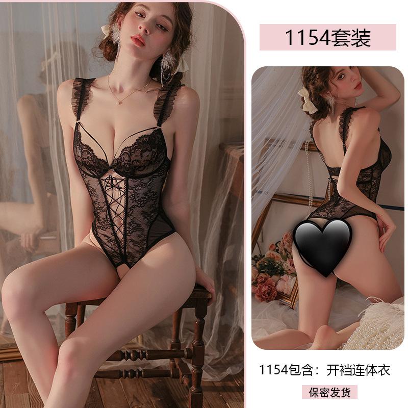 Original Erotic Underwear, Pure Desire One-piece Dress, Women's Lace Seductive Pajamas, Open Crotch Thinparency, No-take Uniform 1154