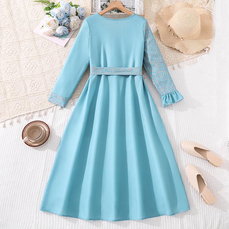 Modisches blaues Kleid für Mädchen: Elegantes Langarmkleid für Kinder Frühling und Sommer