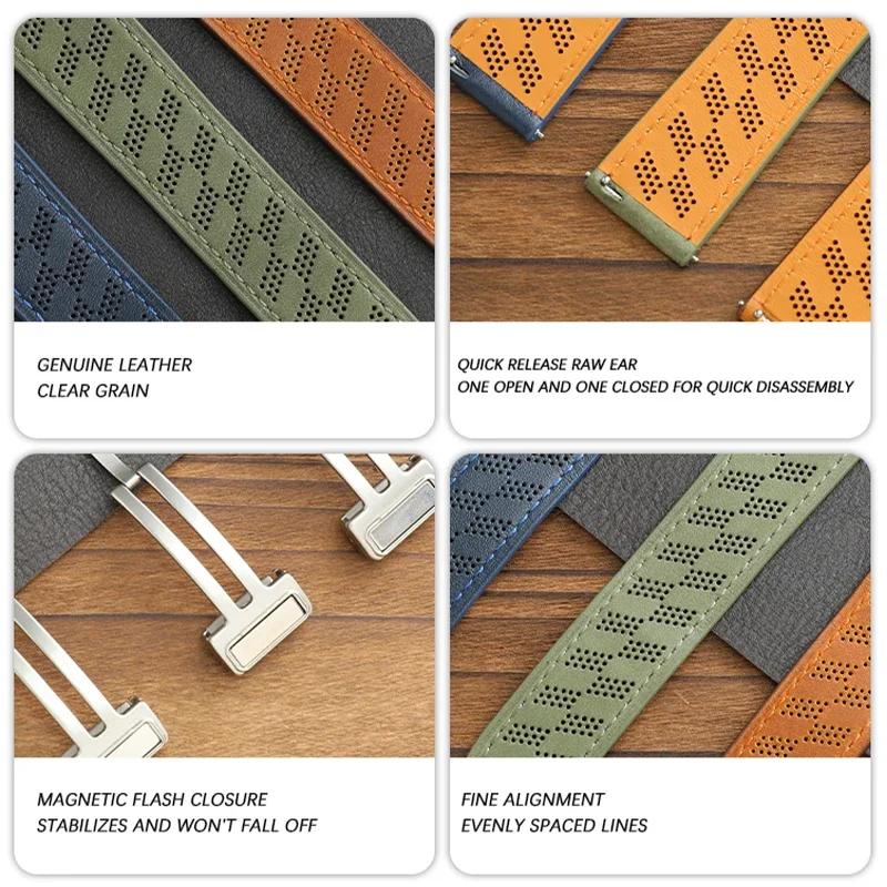 Breathable Microporous Full-leather Crazy Horse Pattern Magnetic Buckle Strap for HUAWEI GT3/4 Samsung WATCH Strap