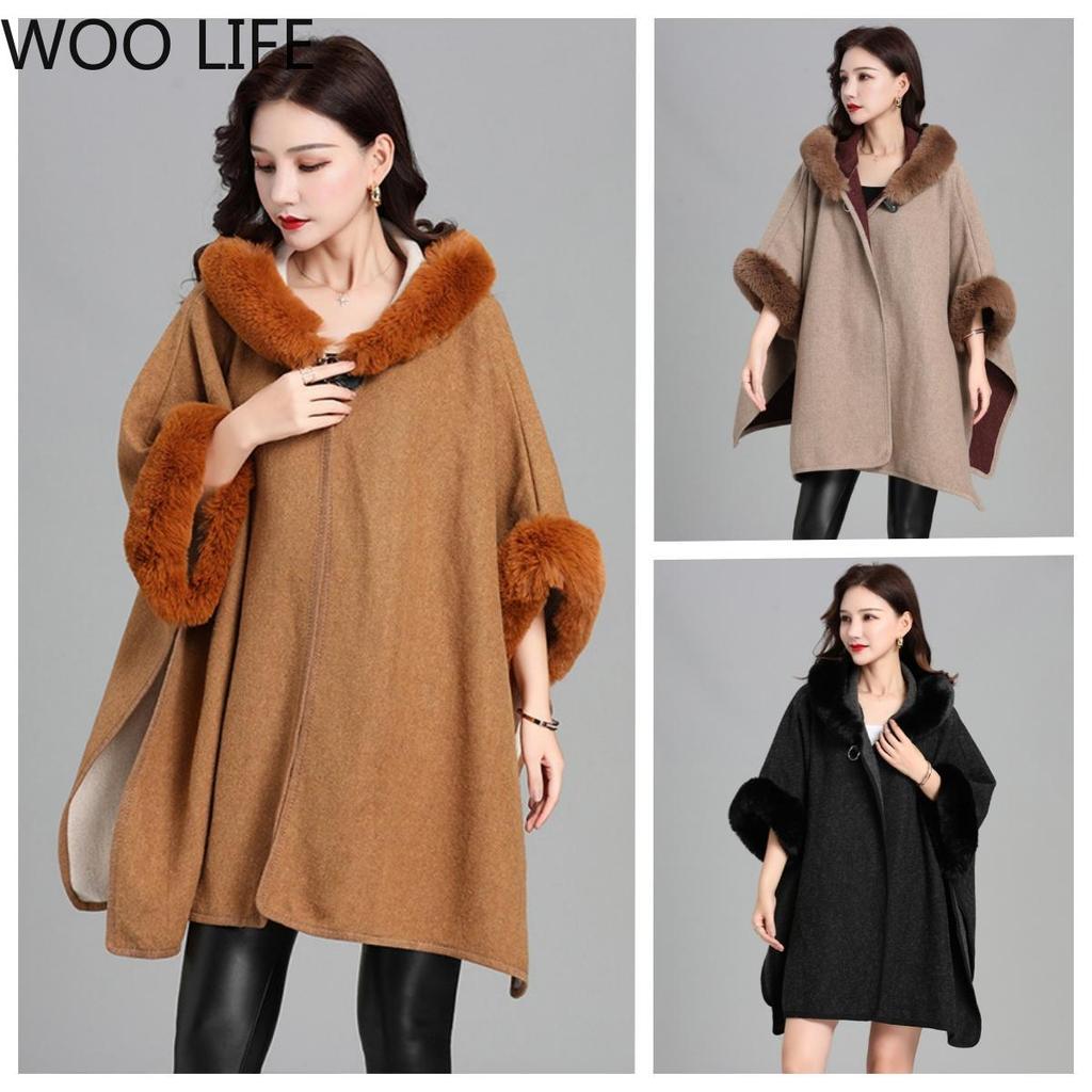 European and American Imitation Rabbit Fur Collar Hooded Large Shawl Cape Women's Knitted Cardigan Thick Loose Mid-length Fur Coat for Women