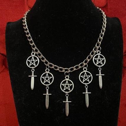 

Trendy Gothic Sliver Color Hollowed-out Five-pointed Star Symbol Cross Sword Multi-pendant Tassel Necklace for Women Jewelry