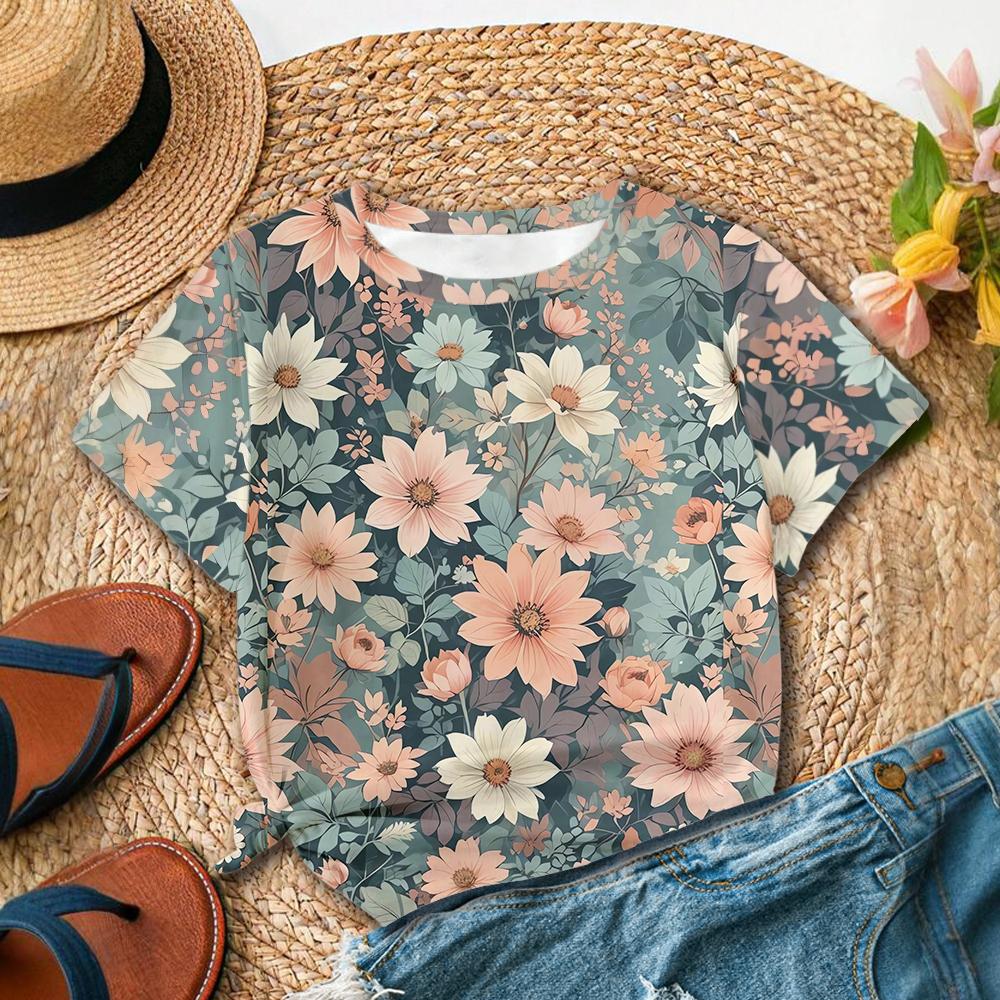 

Женская футболка с цветочным принтом в художественном стиле, летняя, в повседневном стиле, модная, с круглым вырезом и коротким рукавом L
